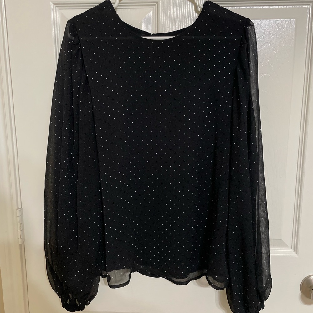 Who What Wear Black Sheer Polka Dot Long Sleeve Blouse
